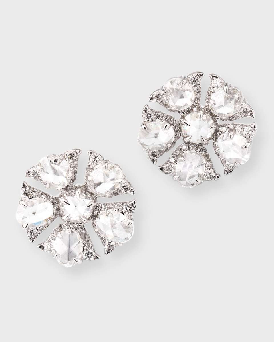 Tulip 18K White Gold Stud Earrings with Oval and Round Rose Cut Diamonds, 1.7tcw